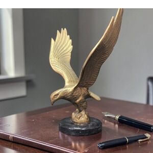 Brass American Eagle Statue, Bird in Flight Sculpture, Marble Base Paperweight